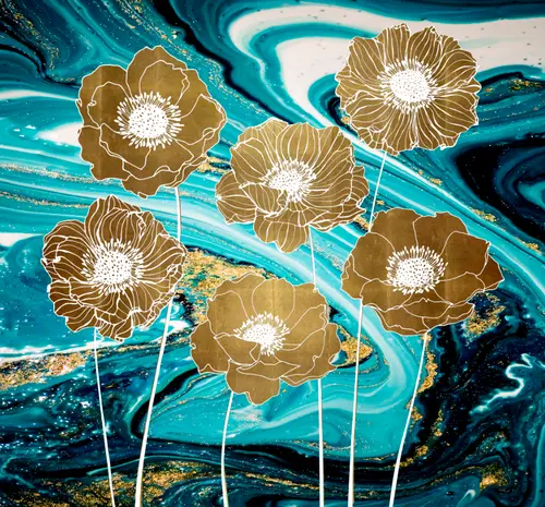 акварель, растения, природа, цветы, линии, современный, золото