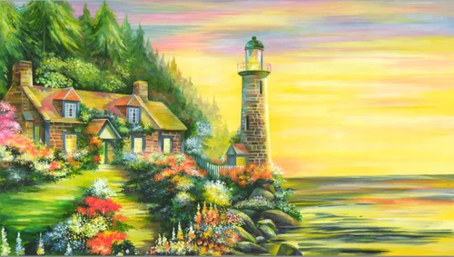 желтые, с маяком, пейзаж, морские, маяк, зеленые, море, берег моря, дом на берегу, яркие, закат, оранжевые, дом, цветы, лес, зелень, морской пейзаж, желтое небо