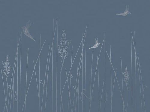 графика, с серебром, трава, птицы, синяя, темная