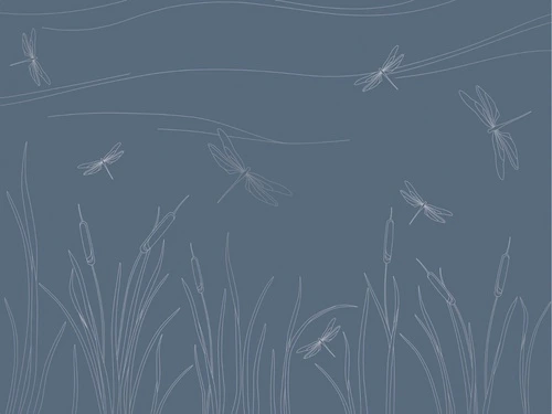 графика, с серебром, камыш, трава, стрекоза, синяя, темная