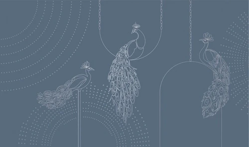 графика, с серебром, павлины, синяя, темная