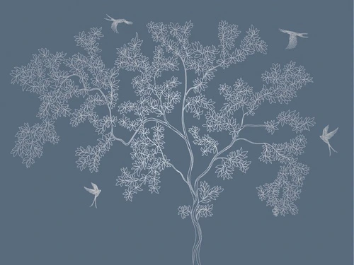 графика, с серебром, дерево, серебряные листья, птицы