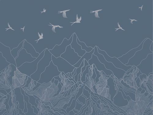 графика, с серебром, горы, птицы, синяя, темная
