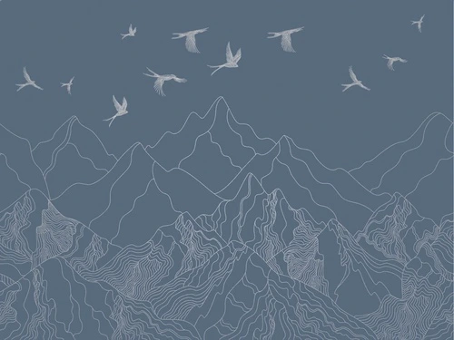 графика, с серебром, горы, птицы, синяя, темная