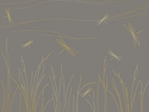 графика, золотые линии, трава, стрекозы, коричневая, темная