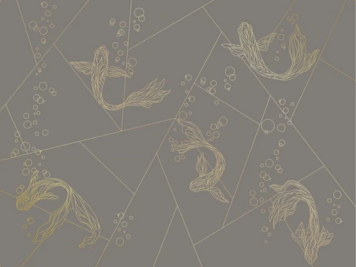 графика, золотые линии, рыбы, коричневая, темная