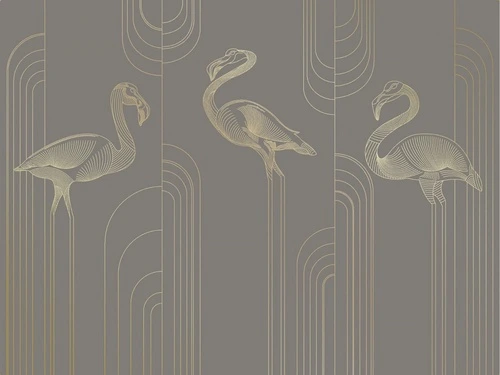 графика, золотые линии, фламинго, коричневая, темная