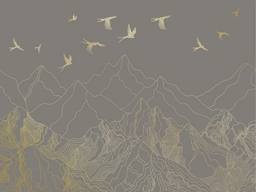 графика, золотые линии, с золотом, золотые, горы, птицы, в офис, в кабинет, коричневая, темная