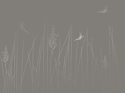 графика, с серебром, линии, серебро, трава, птицы, коричневая, темная