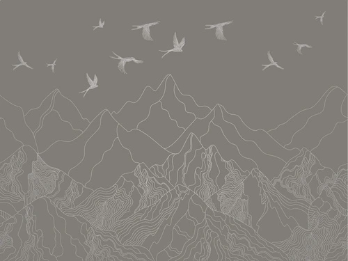 графика, с серебром, горы, птицы, в офис, в гостиницу, коричневая, темная