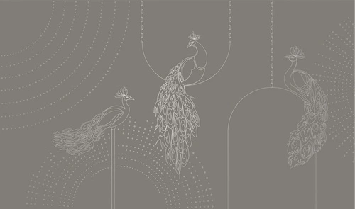 графика, с серебром, павлины, коричневая, темная