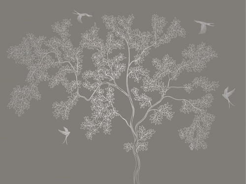 графика, с серебром, дерево, листья, птицы, темная, коричневая