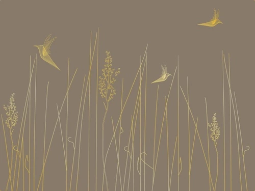 графика, золотые линии, трава, птицы, темно коричневая, темная