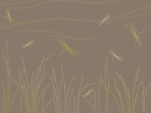 графика, золотые линии, с золотом, камыш, трава, стрекоза, темно коричневая, темная