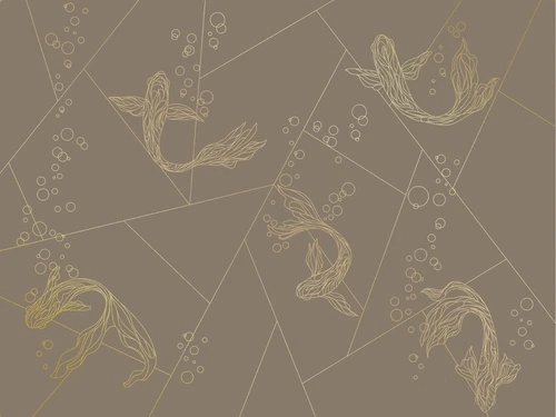 графика, золотые линии, рыбы, темно коричневая, темная