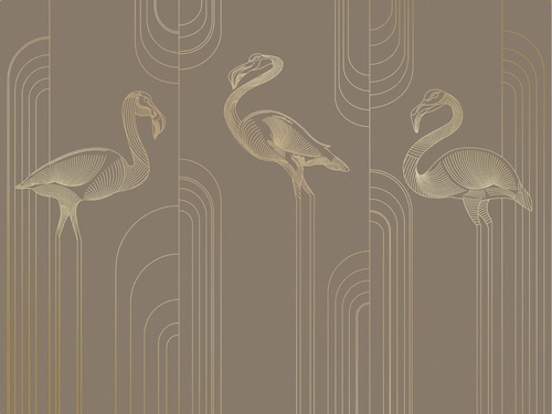графика, золотые линии, фламинго, темно коричневые, темные