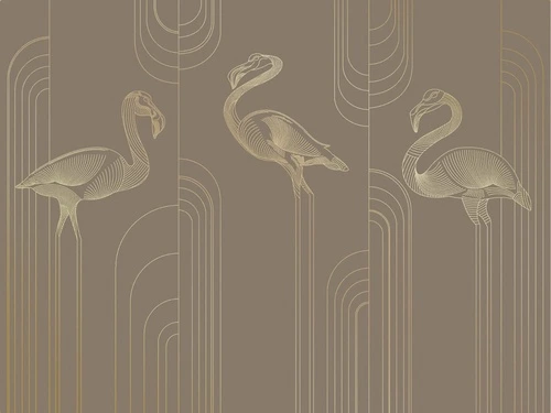 графика, золотые линии, фламинго, темно коричневые, темные