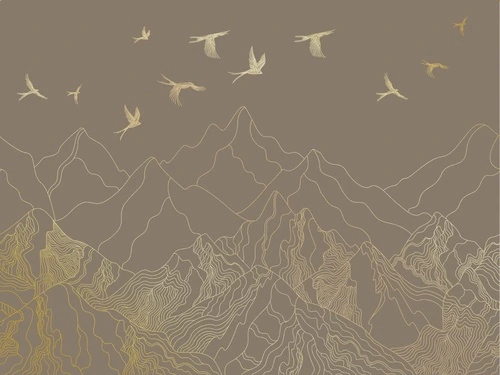графика, золотые линии, горы, птицы, в офис, в гостиницу, темно коричневая, темная