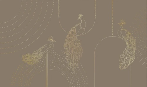 графика, золотые линии, павлины, темно коричневая, темная