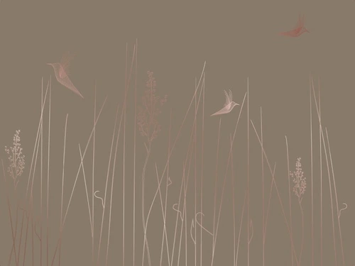 графика, медные, линии, трава, птицы, темно коричневая, темная
