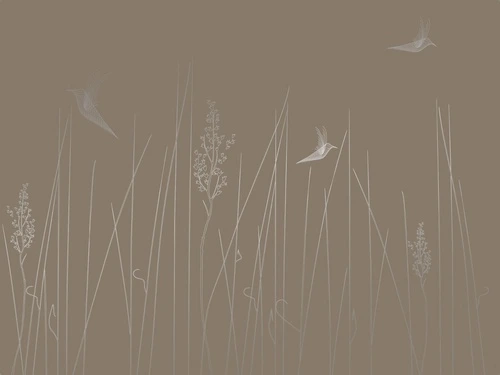 графика, с серебром, трава, птицы, темно коричневая, темная