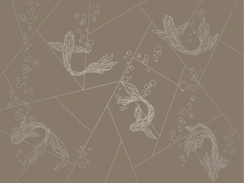 графика, с серебром, рыбы, темно коричневая