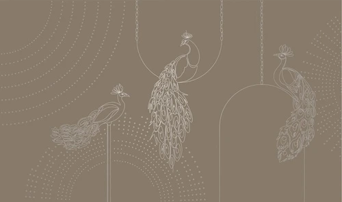 графика, с серебром, павлины, темно коричневая, темная