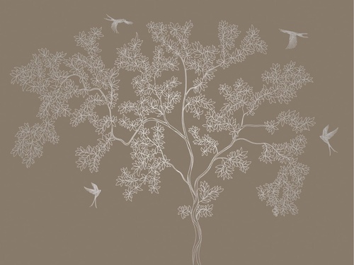 графика, с серебром, дерево, листья, птицы, в спальню, темно коричневая, темная