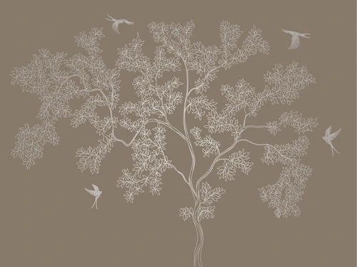 графика, с серебром, дерево, листья, птицы, в спальню, темно коричневая, темная