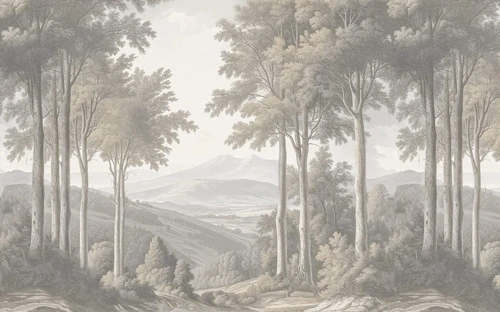 пейзаж, деревья, горы, серо-зеленые