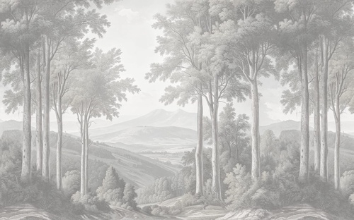 пейзаж, деревья, горы, серая, светлая