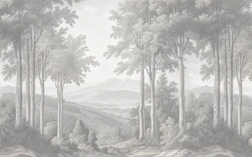 пейзаж, деревья, горы, серая, светлая