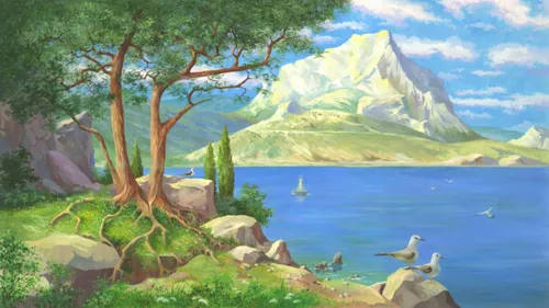 пейзаж, берег моря, зеленые, синие, деревья, скалы, белые, чайки, парусники, природа, горы, дерево, море, белая гора, морской пейзаж, яркие, красочные