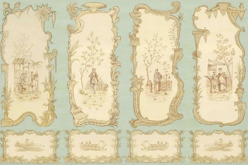 шинуазри, винтаж, пастельные тона, бирюзовый фон, бежевые рамки, сцены с людьми, восточный стиль, классический орнамент, пейзаж, декоративные панели, для гостиной, для спальни, исторический сюжет