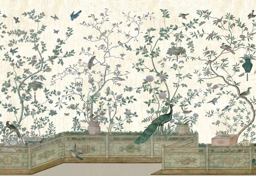 шинуазри, павлин, птицы, цветы, зелёные листья, бежевый фон, восточный сад, декоративные деревья, фонарики, бабочки, классический орнамент, флора, фауна, для гостиной, для спальни