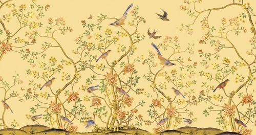 шинуазри, птицы, цветы, жёлтый фон, розовые и жёлтые бутоны, зелёные листья, декоративные ветви, восточный стиль, флора, фауна, пейзаж, для гостиной, для спальни, для кухни