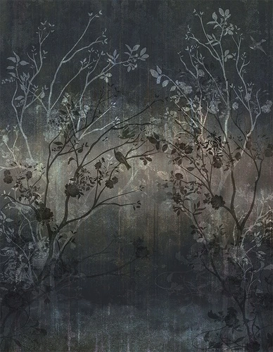 тёмный фон, силуэты ветвей, птицы, цветы, градиент, мистическая атмосфера, флора, фауна, акварельный эффект, декоративные, для гостиной, для спальни, абстракция, вечерний пейзаж, шинуазри