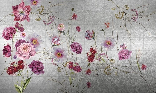 шинуазри, серебристый фон, цветы, розовые пионы, ветви, флора, декоративные, современный стиль, глянцевый эффект, блеск, для гостиной, для спальни, для кухни