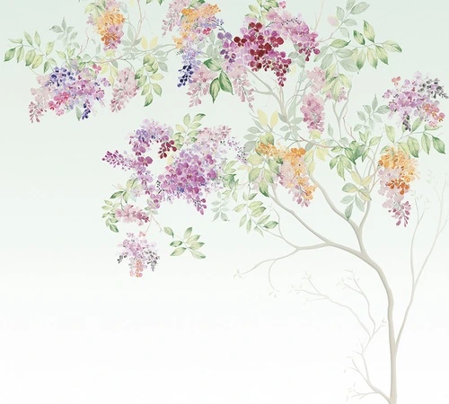 шинуазри, сирень, ветви, цветы, зелёные листья, градиентный фон, пастельные тона, весенний мотив, акварельный стиль, флора, декоративные, для гостиной, для спальни, для кухни