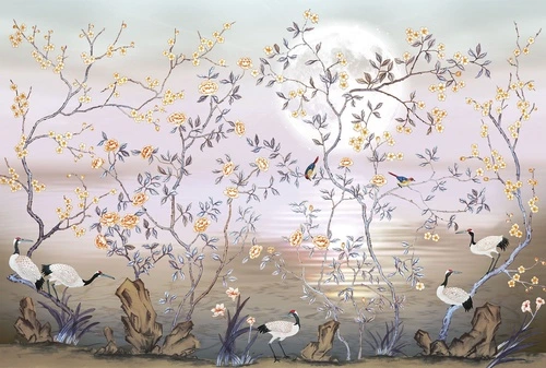 шинуазри, журавли, птицы, цветы, жёлтые бутоны, розовые оттенки, луна, водная гладь, восточный пейзаж, декоративные ветви, флора, фауна, для гостиной, для спальни