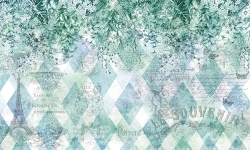 винтаж, зелёные листья, ромбы, надписи, Париж, Эйфелева башня, акварельный стиль, флора, декоративные, прованс, ретро, для гостиной, для кухни, для спальни, шинуазри