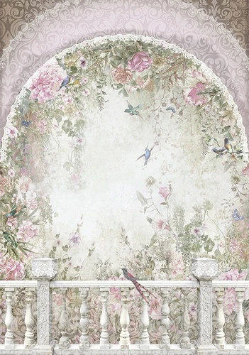 шинуазри, балкон, арка, птицы, розовые цветы, зелёные листья, винтаж, декоративные узоры, флора, романтический стиль, для гостиной, для спальни, для кухни