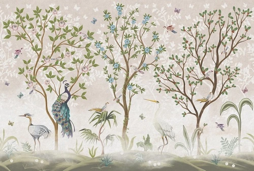 шинуазри, павлин, журавли, цапли, птицы, деревья с цветами, бабочки, зелёные листья, бежевый фон, флора, фауна, декоративные, восточный стиль, для гостиной, для спальни