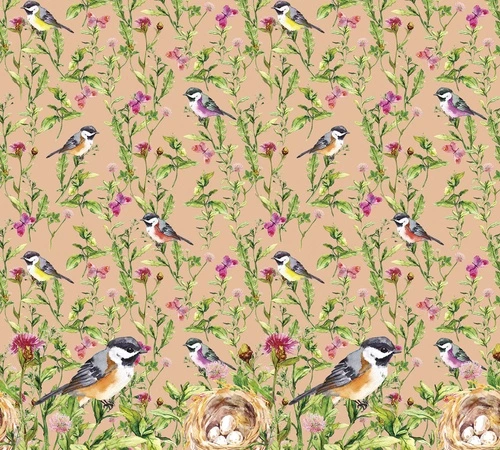 птицы, гнёзда с яйцами, цветы, зелёные листья, бежевый фон, акварельный стиль, флора, фауна, весенний мотив, декоративные, для гостиной, для спальни, для кухни, шинуазри