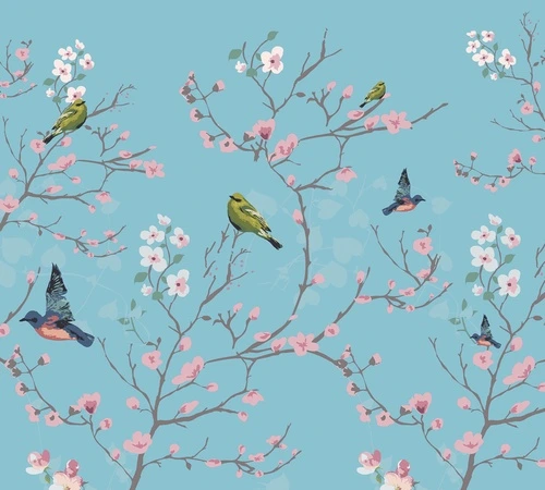 шинуазри, птицы, цветущие ветви, розовые цветы, голубой фон, зелёные листья, флора, фауна, весенний мотив, декоративные, для гостиной, для спальни, для кухни