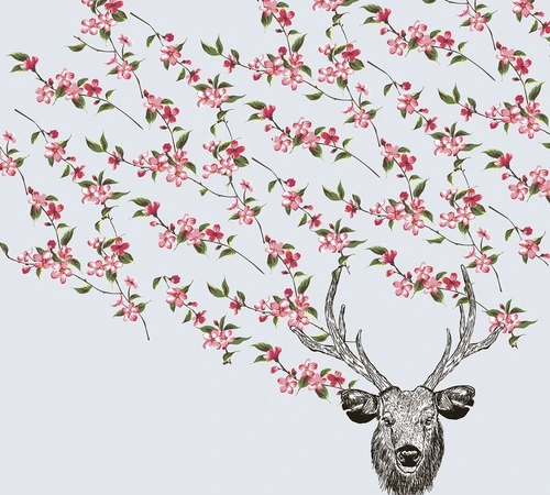 шинуазри, олень, рога, цветущие ветви, розовые цветы, зелёные листья, голубой фон, флора, фауна, декоративные, для гостиной, для спальни, для кухни