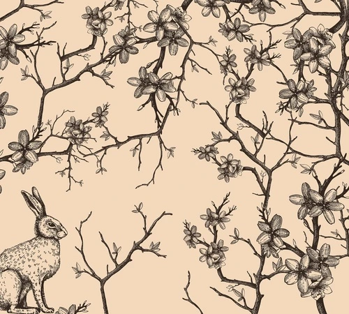 шинуазри, кролик, ветви с цветами, бежевый фон, чёрно-белая графика, флора, фауна, декоративные, винтажный стиль, для гостиной, для спальни, для кухни