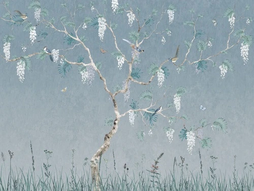 шинуазри, дерево, птицы, белые цветы, зелёные листья, голубой фон, трава, бабочки, флора, фауна, декоративные, для гостиной, для спальни, для кухни