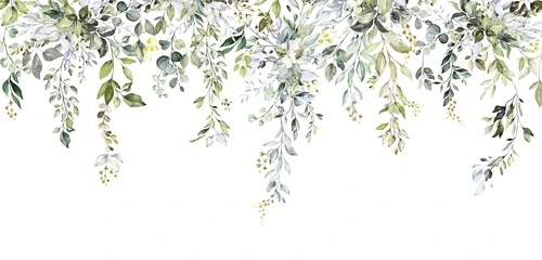 шинуазри, зелёные листья, ветви, акварельный стиль, белый фон, флора, декоративные, лёгкий дизайн, для гостиной, для спальни, для кухни