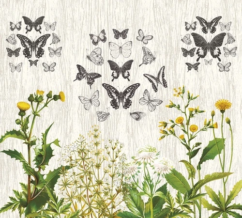 шинуазри, бабочки, полевые цветы, жёлтые бутоны, зелёные листья, бежевый фон, флора, декоративные, винтажный стиль, для гостиной, для спальни, для кухни